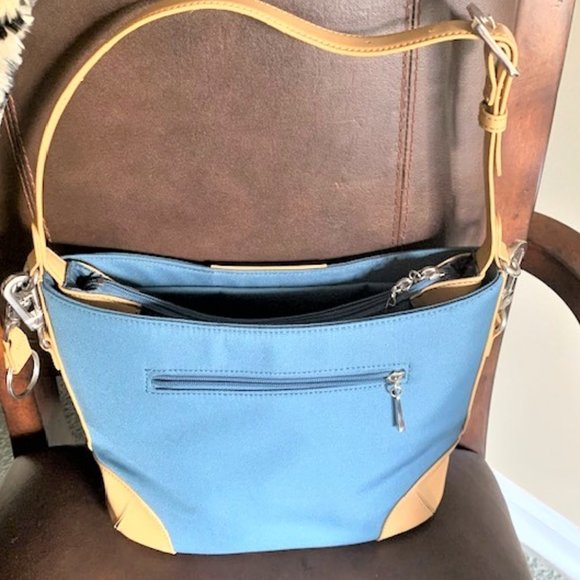 JOY MANGANO Teal/Tan Trim Bucket Shoulder Handbag - Picture 4 of 10